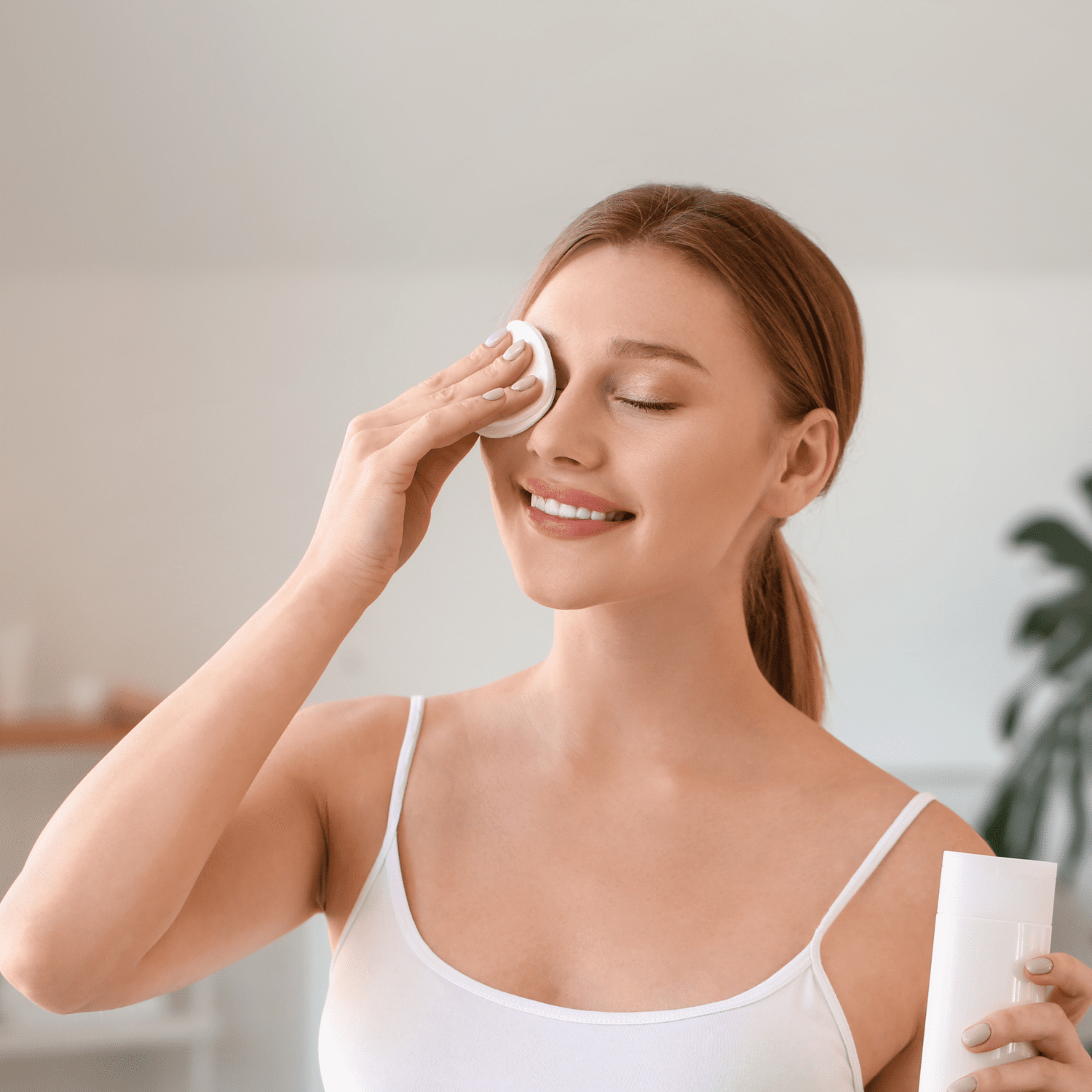 a woman using a cleaning pad to clean her eyes